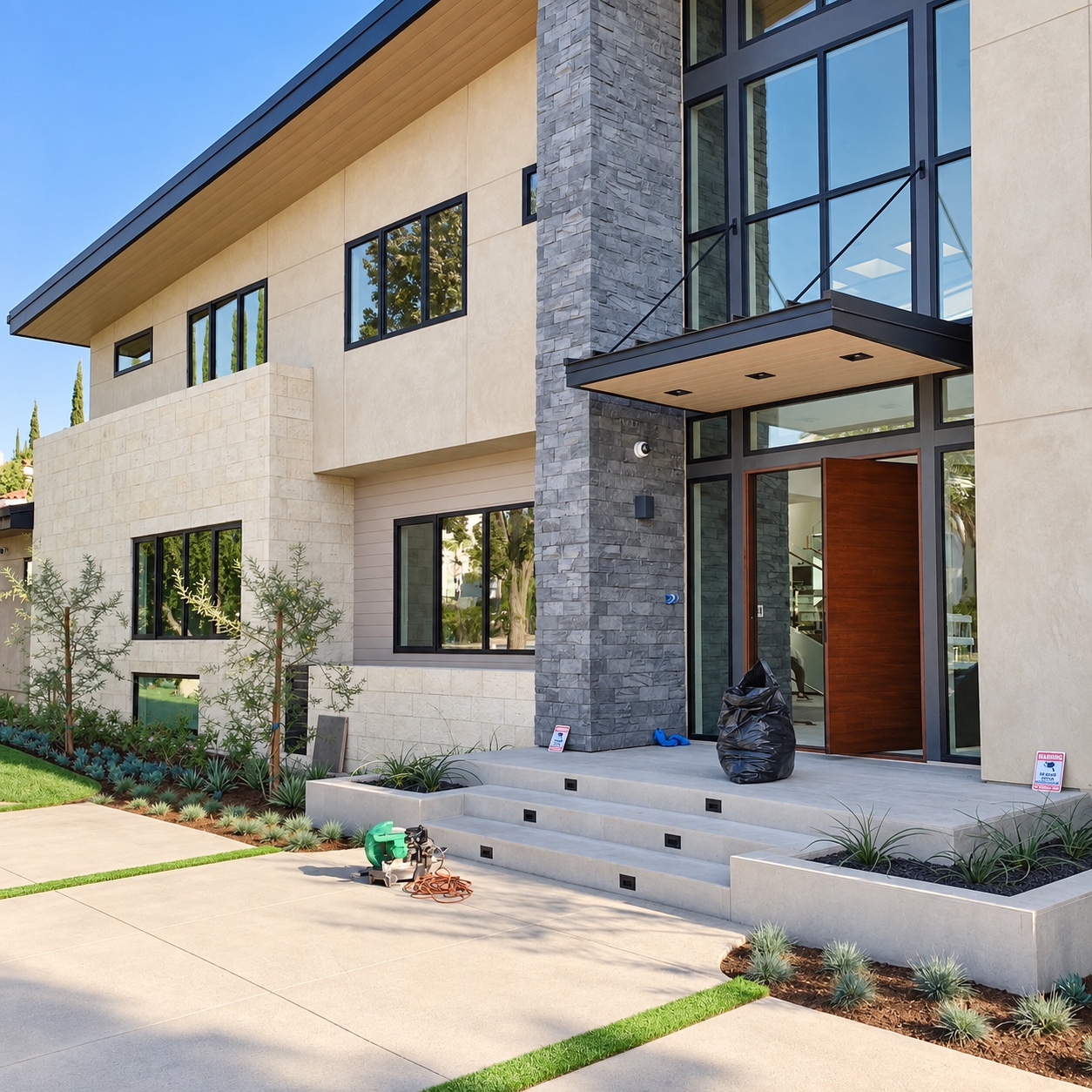 A sheltered entry meets a newly planted garden in Diamond Bar, CA