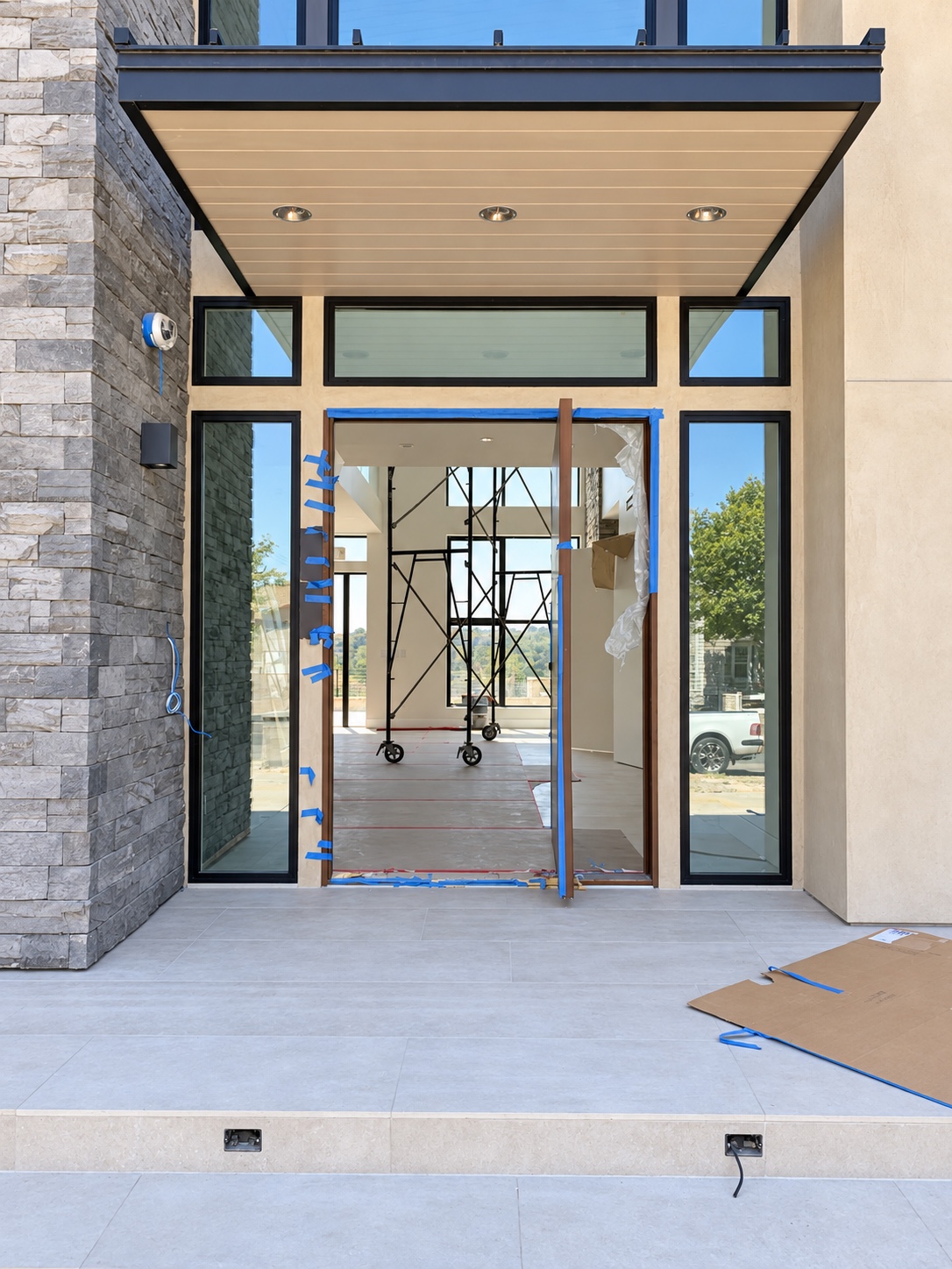 Stone-clad entry with black-framed glazing and construction protection — Diamond Bar, CA