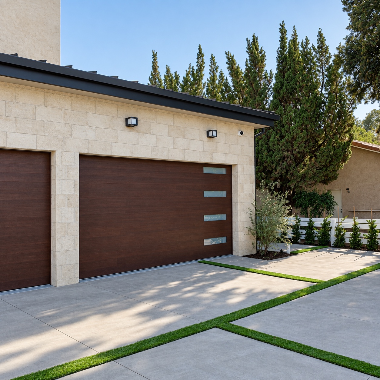 Wood garage doors, pale stone, and planted driveway joints — Diamond Bar, CA