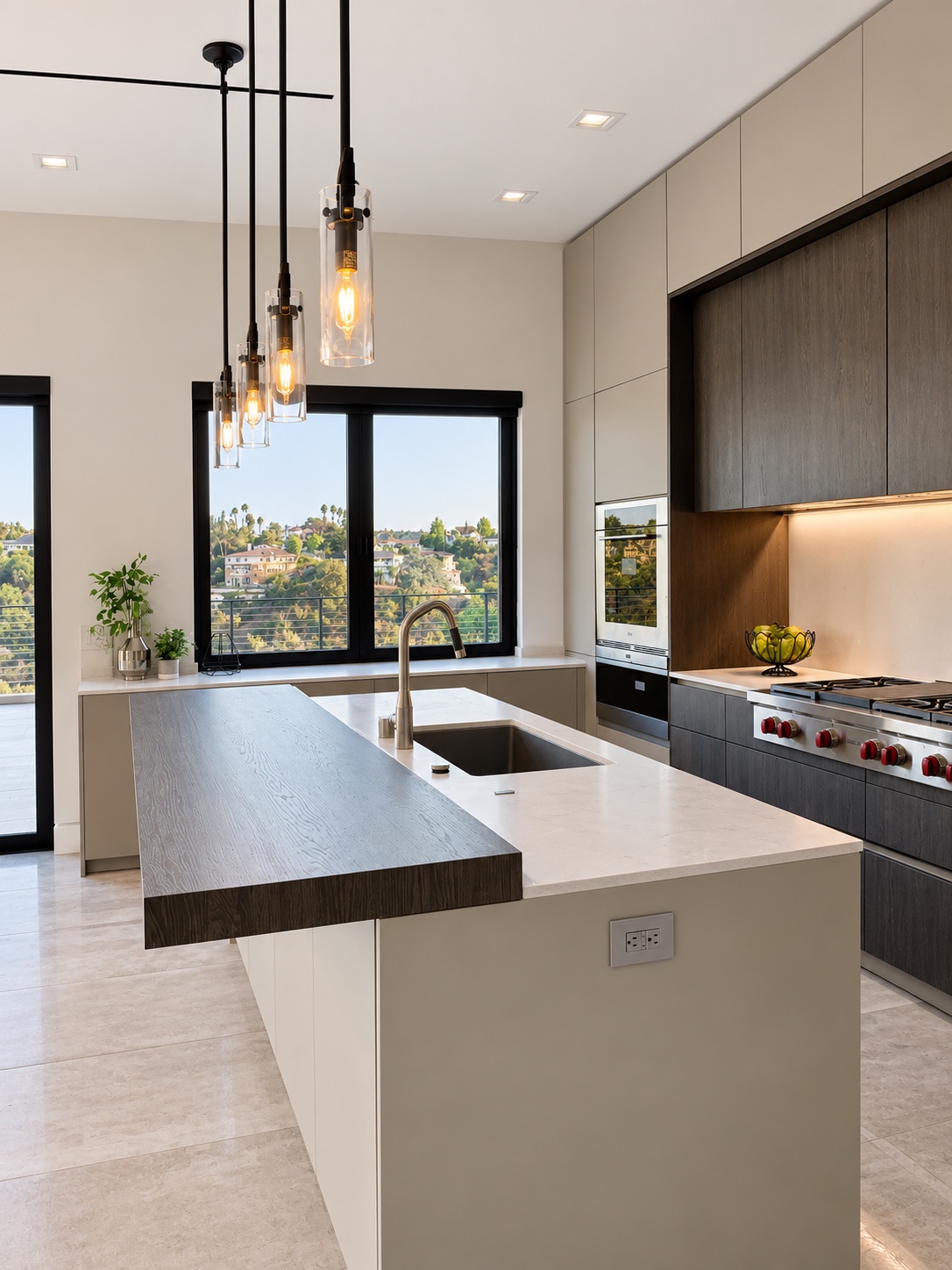 Kitchen island, dark cabinetry, and pendant lighting — Diamond Bar, CA