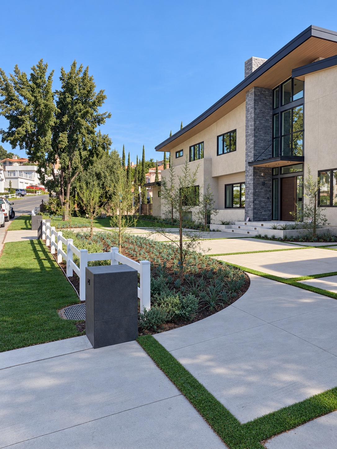 Stone facade, timber soffit, and landscaped driveway — Diamond Bar, CA