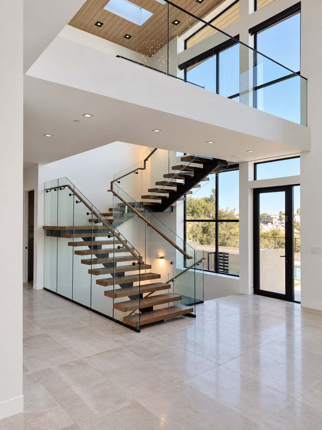 Floating wood stair and glass railings in a double-height interior — Diamond Bar, CA