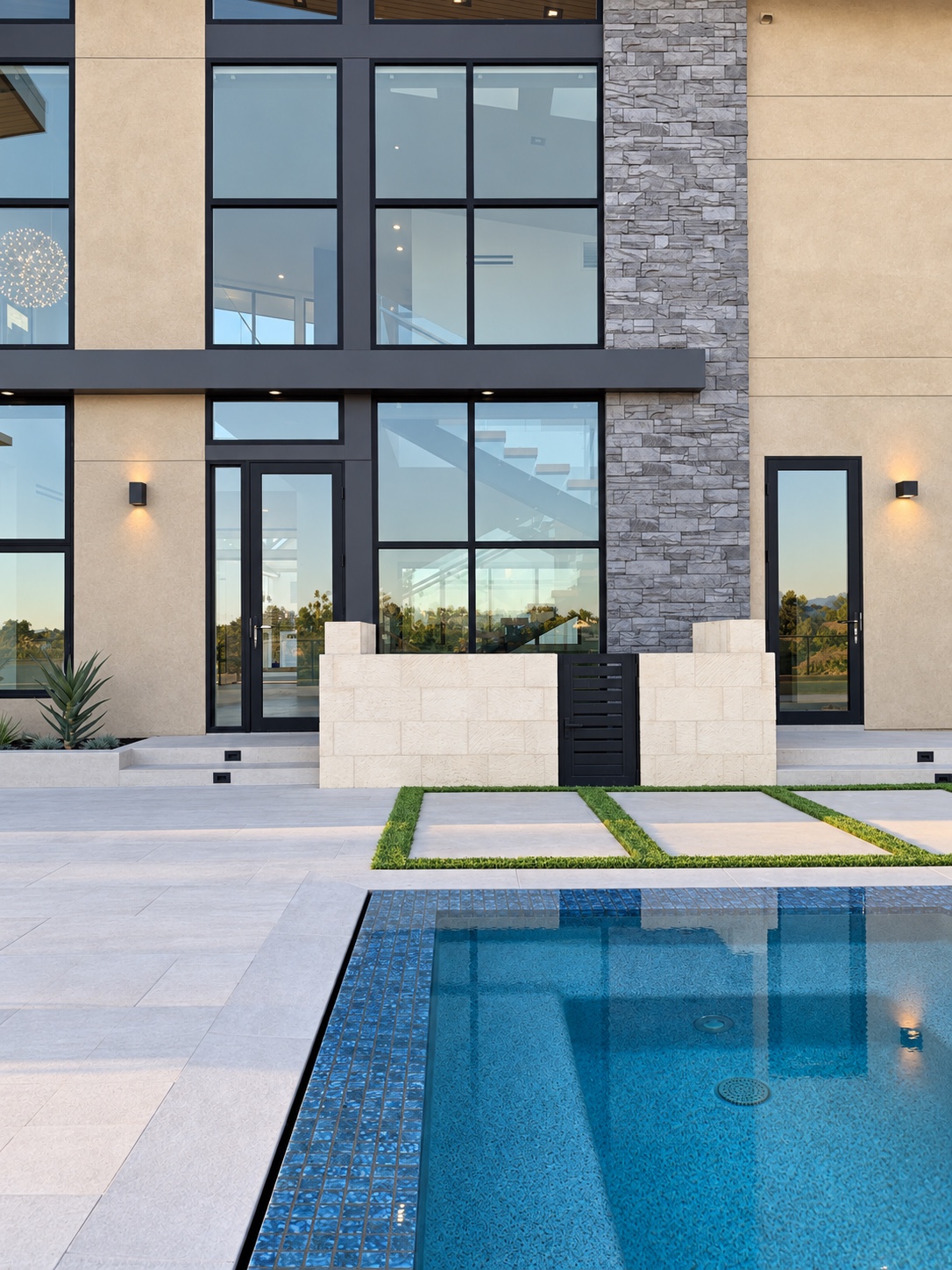 Pool courtyard framed by stone and full-height glazing — Diamond Bar, CA