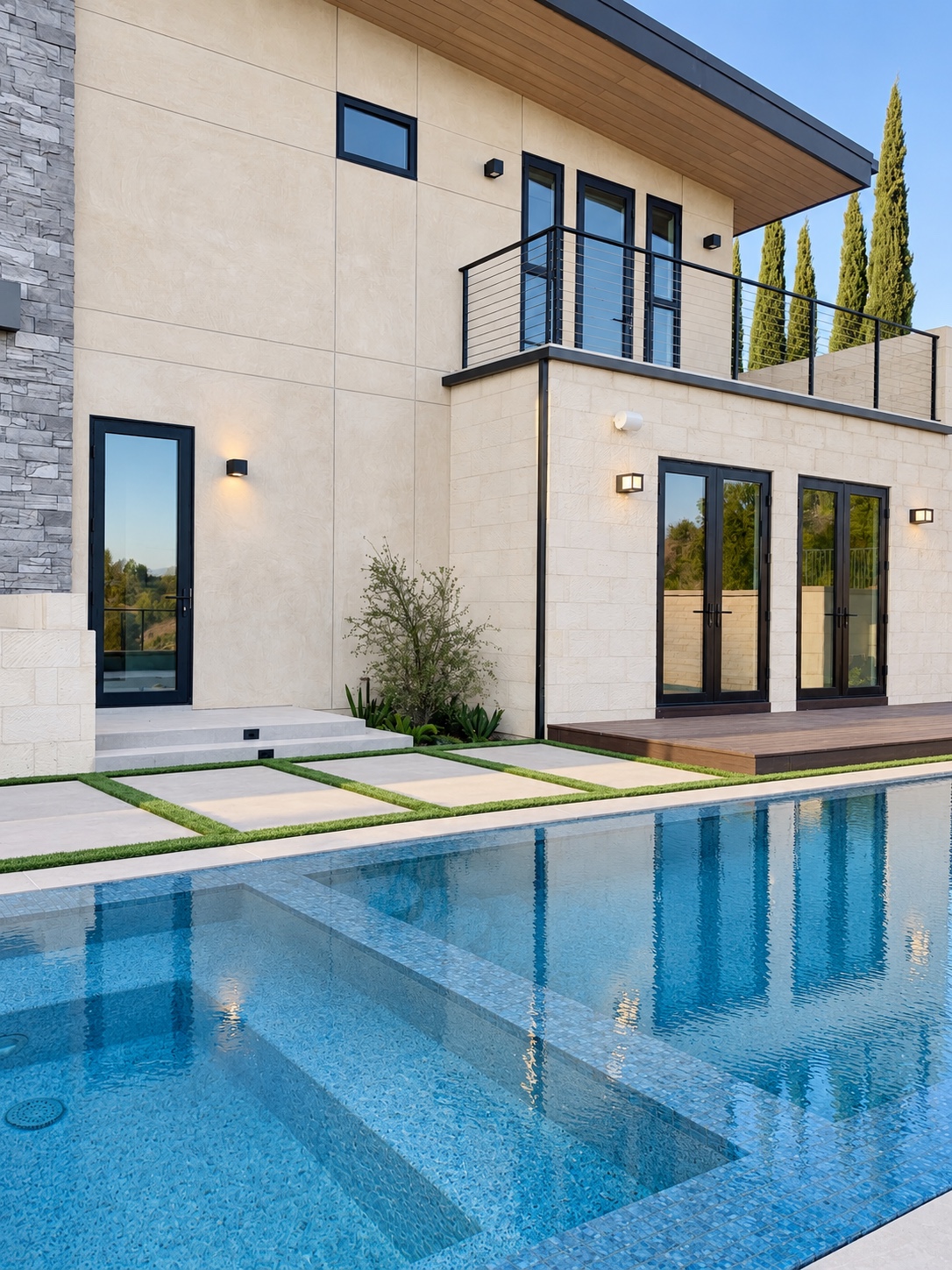 Pool terrace beside glazed doors and an upper balcony — Diamond Bar, CA