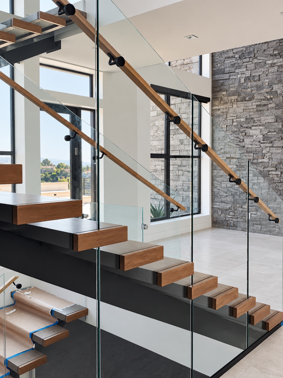 Timber treads, steel structure, and clear glass in Diamond Bar, CA
