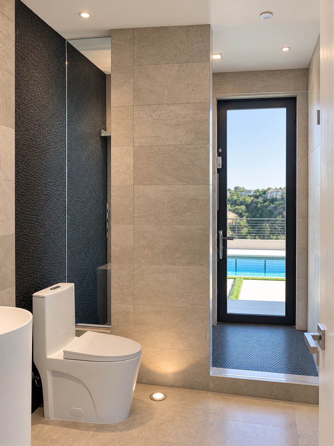 Stone bathroom with a glass shower and garden-facing window — Diamond Bar, CA