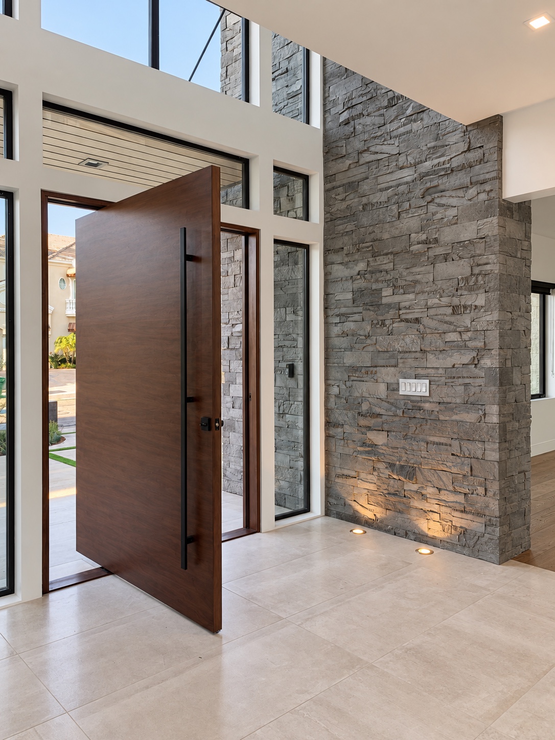 Open entry door beside a textured stone wall — Diamond Bar, CA